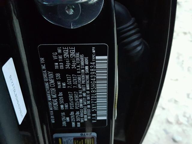 5XYZTDLB5HG439834 - 2017 HYUNDAI SANTA FE S BLACK photo 10