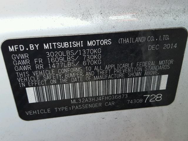 ML32A3HJ4FH036873 - 2015 MITSUBISHI MIRAGE DE WHITE photo 10