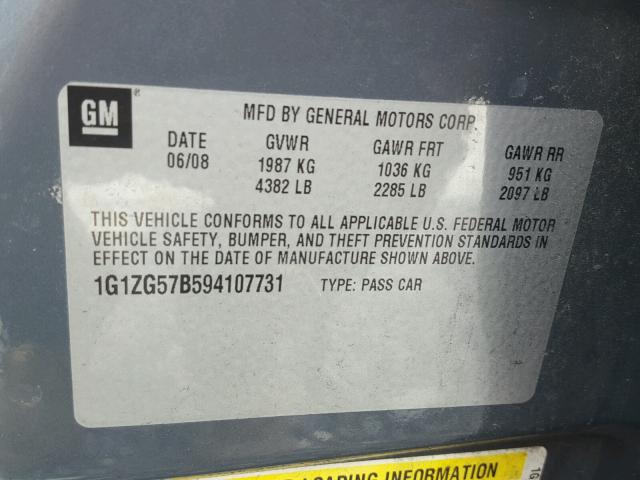 1G1ZG57B594107731 - 2009 CHEVROLET MALIBU LS GRAY photo 10