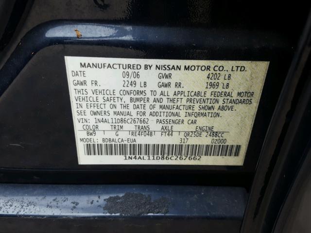 1N4AL11D86C267662 - 2006 NISSAN ALTIMA S BLUE photo 10