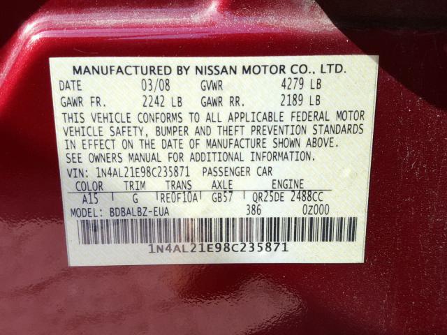 1N4AL21E98C235871 - 2008 NISSAN ALTIMA 2.5 MAROON photo 10