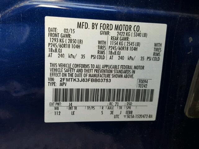 2FMTK3J83FBB03753 - 2015 FORD EDGE BLUE photo 10