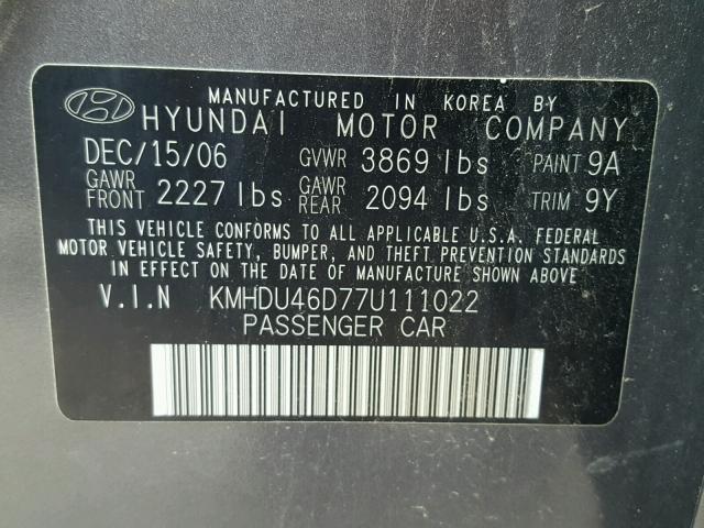 KMHDU46D77U111022 - 2007 HYUNDAI ELANTRA GL GRAY photo 10