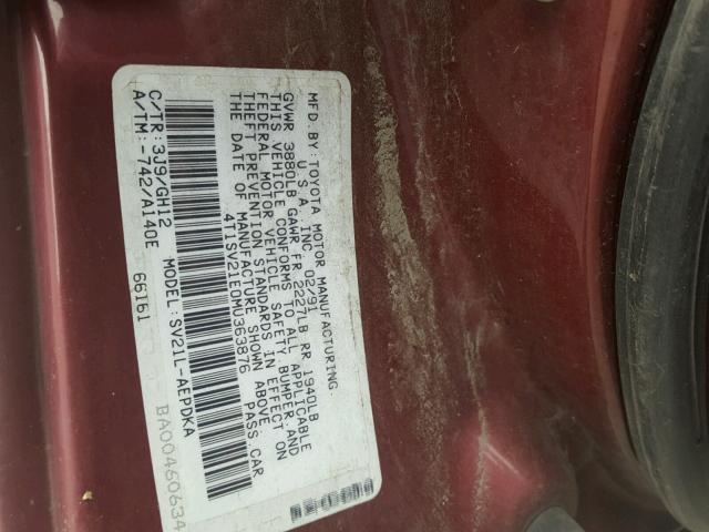 4T1SV21E0MU363876 - 1991 TOYOTA CAMRY DLX MAROON photo 10