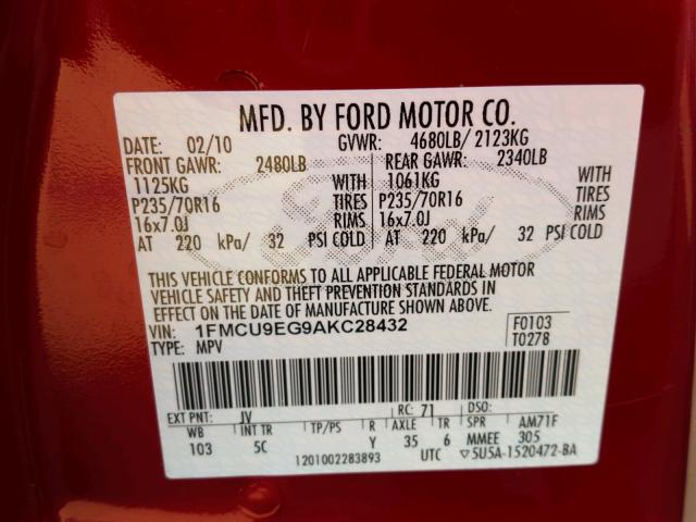 1FMCU9EG9AKC28432 - 2010 FORD ESCAPE LIM RED photo 10