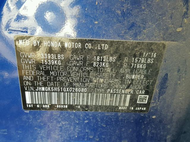 JHMGK5H51GX026080 - 2016 HONDA FIT LX BLUE photo 10