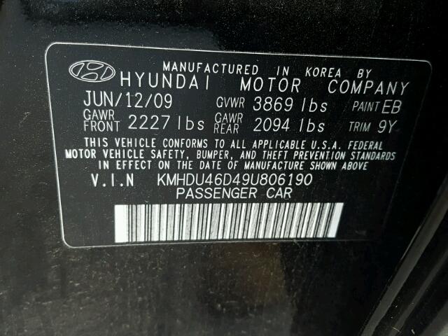 KMHDU46D49U806190 - 2009 HYUNDAI ELANTRA GL BLACK photo 10