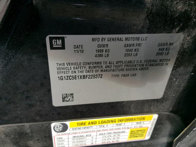 1G1ZC5E1XBF229372 - 2011 CHEVROLET MALIBU 1LT BLACK photo 10
