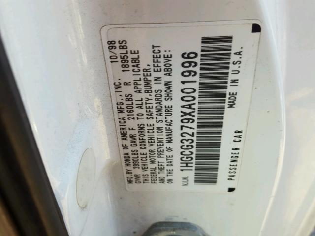 1HGCG3279XA001996 - 1999 HONDA ACCORD EX 白色 照片 10