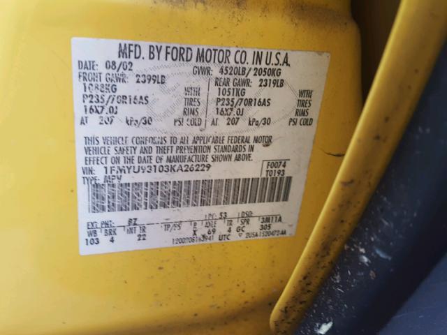 1FMYU93103KA26229 - 2003 FORD ESCAPE XLT YELLOW photo 10