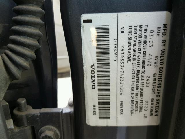 YV1RS59V742321356 - 2004 VOLVO S60 2.5T GRAY photo 10