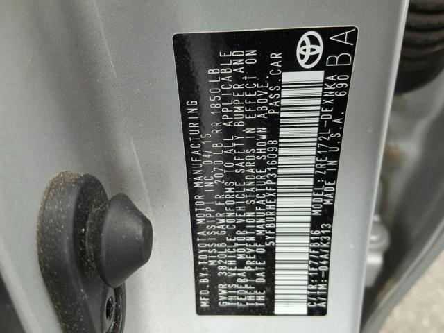 5YFBURHEXFP316098 - 2015 TOYOTA COROLLA L SILVER photo 10