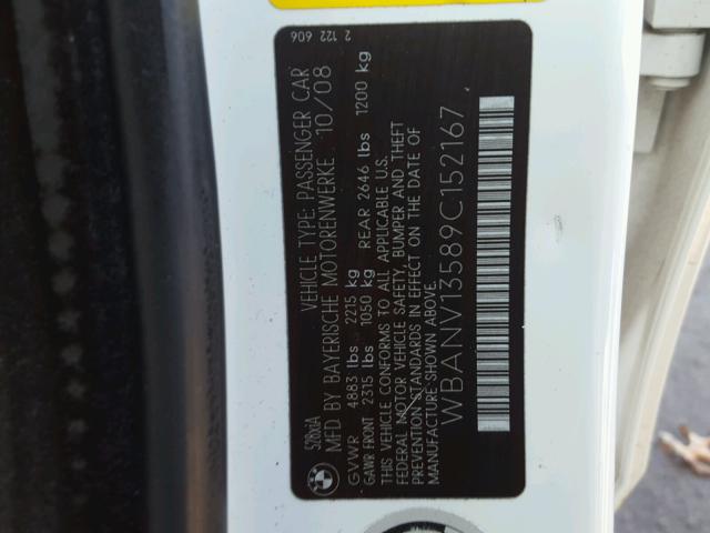 WBANV13589C152167 - 2009 BMW 528 XI WHITE photo 10