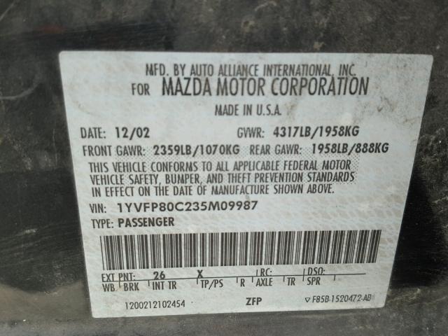 1YVFP80C235M09987 - 2003 MAZDA 6 I GRAY photo 10