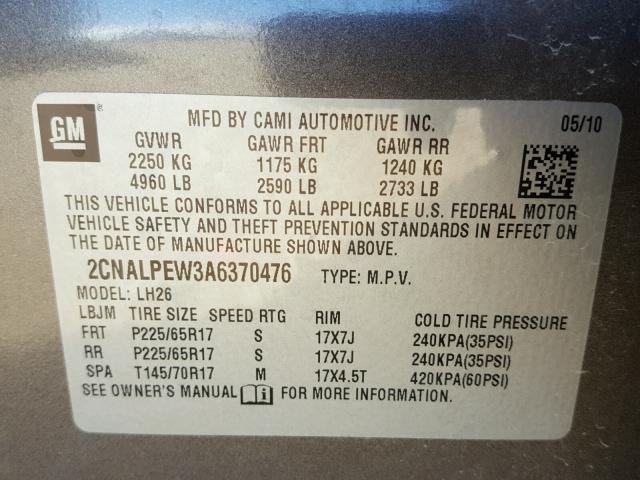 2CNALPEW3A6370476 - 2010 CHEVROLET EQUINOX LT BROWN photo 10