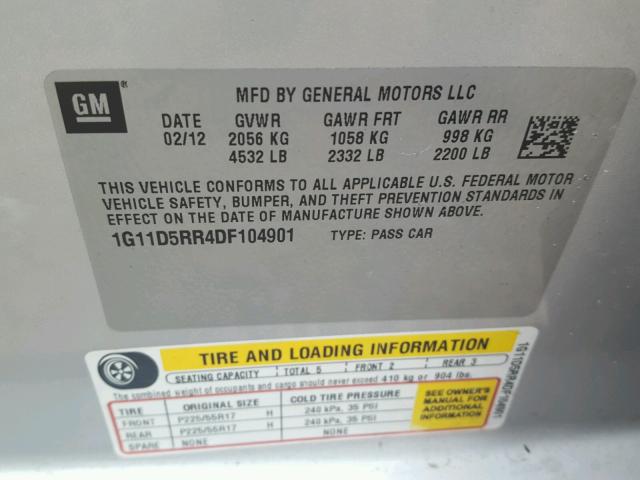 1G11D5RR4DF104901 - 2013 CHEVROLET MALIBU 1LT 银色 照片 10