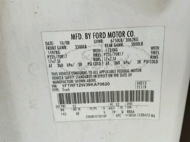 1FTRF12W39KA70820 - 2009 FORD F150 WHITE photo 10