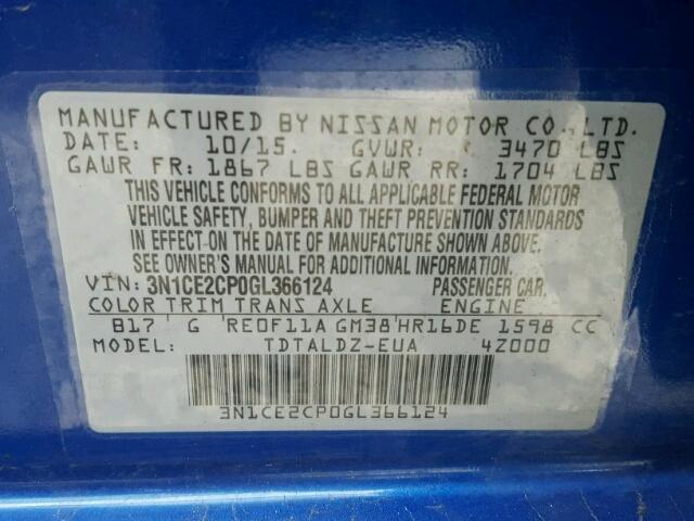 3N1CE2CP0GL366124 - 2016 NISSAN VERSA NOTE BLUE photo 10