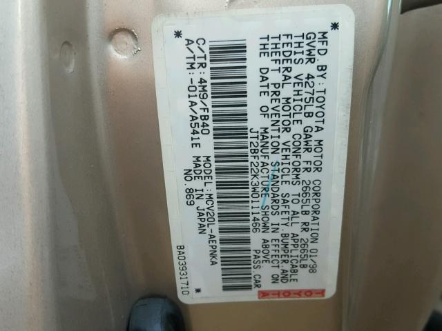 JT2BF22K3W0111466 - 1998 TOYOTA CAMRY CE BEIGE photo 10