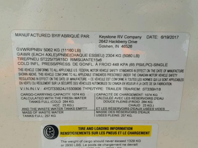 4YDT33B24J1530906 - 2018 KEYSTONE SPRINTER WHITE photo 10