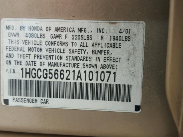 1HGCG56621A101071 - 2001 HONDA ACCORD EX GOLD photo 10