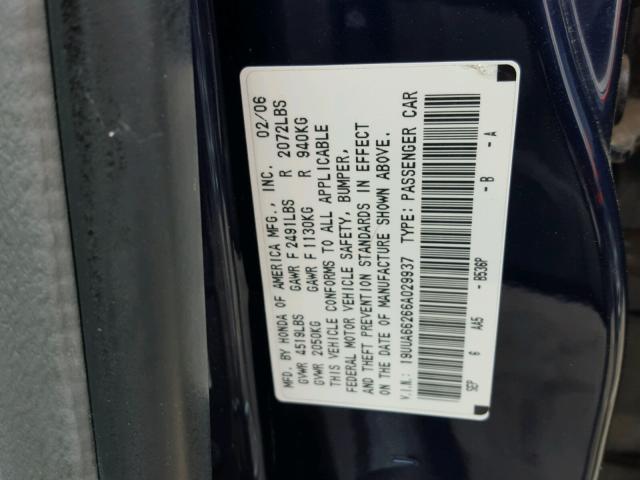 19UUA66266A029937 - 2006 ACURA 3.2TL BLUE photo 10