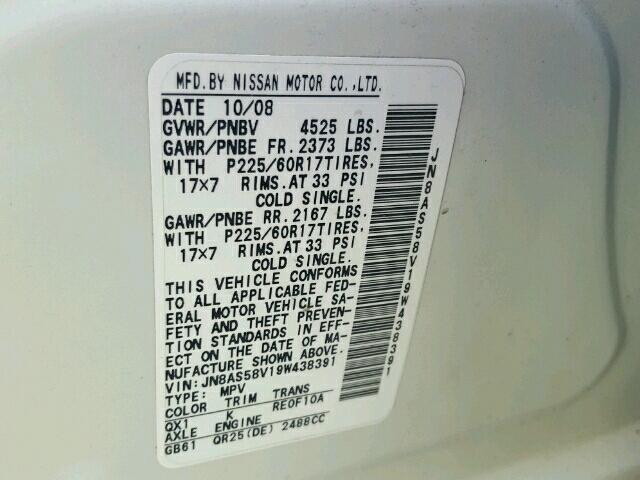 JN8AS58V19W438391 - 2009 NISSAN ROGUE S WHITE photo 10