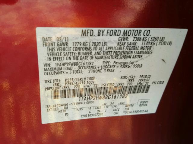 1FAHP2FW8BG161282 - 2011 FORD TAURUS LIM RED photo 10