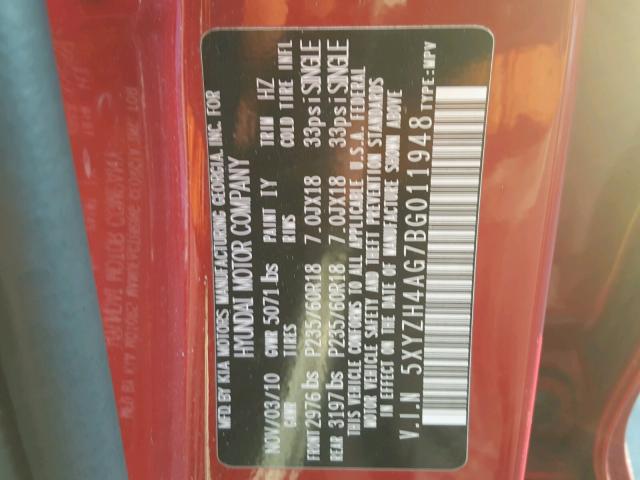 5XYZH4AG7BG011948 - 2011 HYUNDAI SANTA FE S 勃艮第红 照片 10