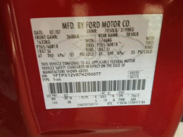 1FTPX12V87KD50077 - 2007 FORD F150 RED photo 10