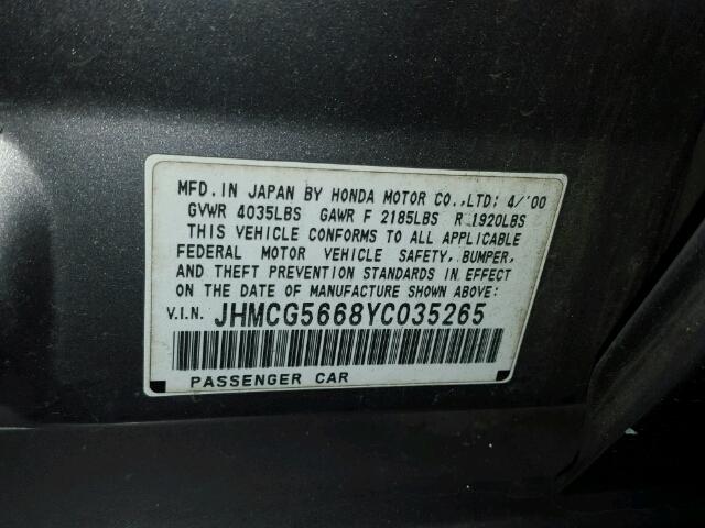 JHMCG5668YC035265 - 2000 HONDA ACCORD EX SILVER photo 10