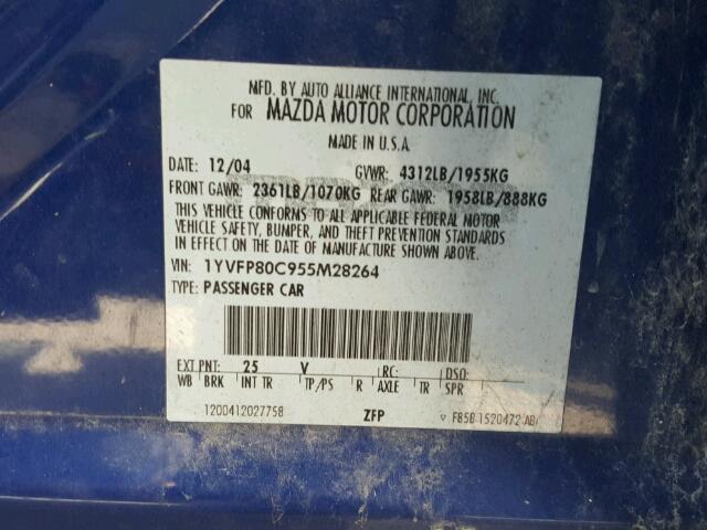 1YVFP80C955M28264 - 2005 MAZDA 6 I BLUE photo 10