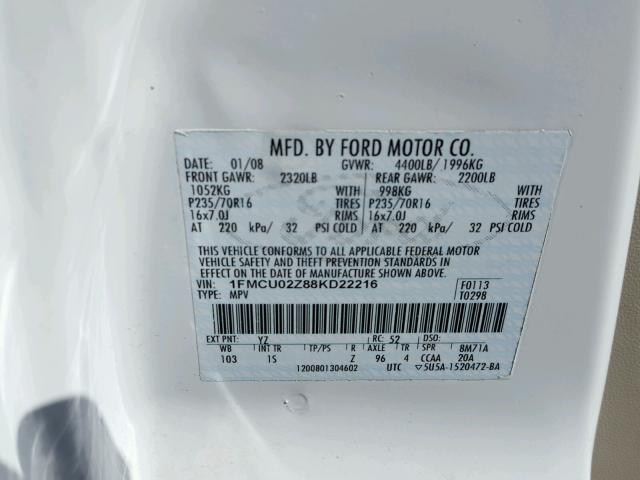 1FMCU02Z88KD22216 - 2008 FORD ESCAPE XLS WHITE photo 10