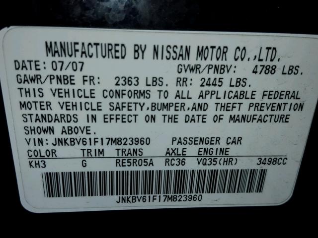 JNKBV61F17M823960 - 2007 INFINITI G35 BLACK photo 10