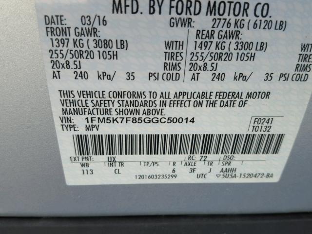 1FM5K7F85GGC50014 - 2016 FORD EXPLORER L GRAY photo 10