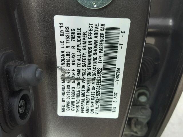 19XFB2F54EE024822 - 2014 HONDA CIVIC LX CHARCOAL photo 10