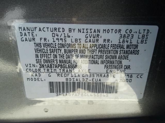 3N1AB7AP8GL655865 - 2016 NISSAN SENTRA S GRAY photo 10