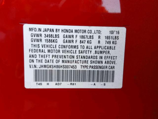 JHMGK5H86HS007453 - 2017 HONDA FIT EX RED photo 10