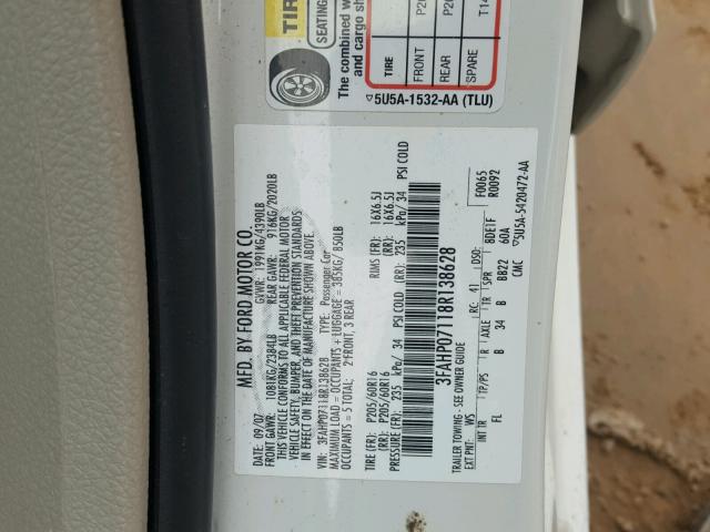 3FAHP07118R138628 - 2008 FORD FUSION SE WHITE photo 10