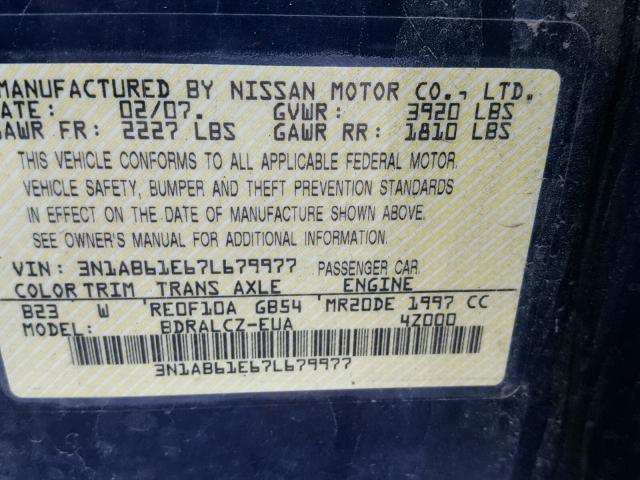 3N1AB61E67L679977 - 2007 NISSAN SENTRA 2.0 BLUE photo 10