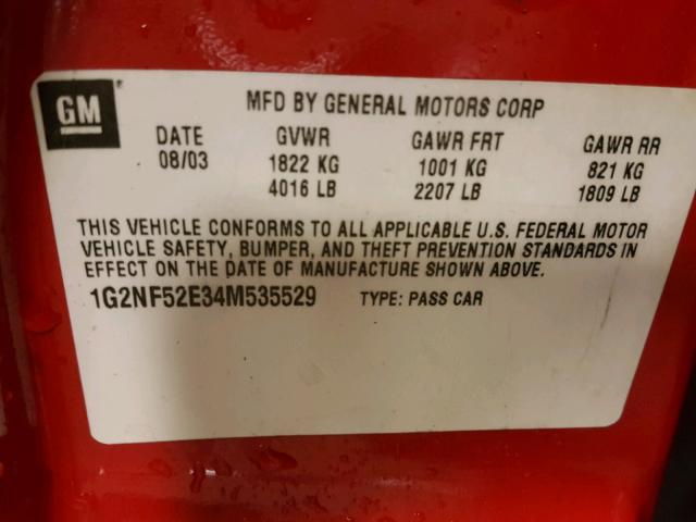 1G2NF52E34M535529 - 2004 PONTIAC GRAND AM S RED photo 10