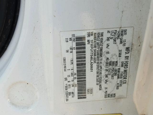 1FMPU17546LA56651 - 2006 FORD EXPEDITION WHITE photo 10