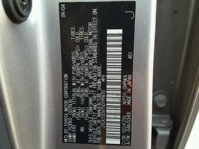 JTLKT324750199870 - 2005 TOYOTA SCION XB Gris foto 10