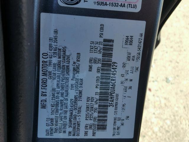 3FAHP0JA6CR145429 - 2012 FORD FUSION SEL GRAY photo 10