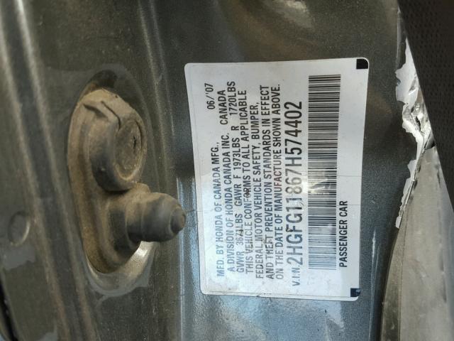 2HGFG11867H574402 - 2007 HONDA CIVIC EX GRAY photo 10