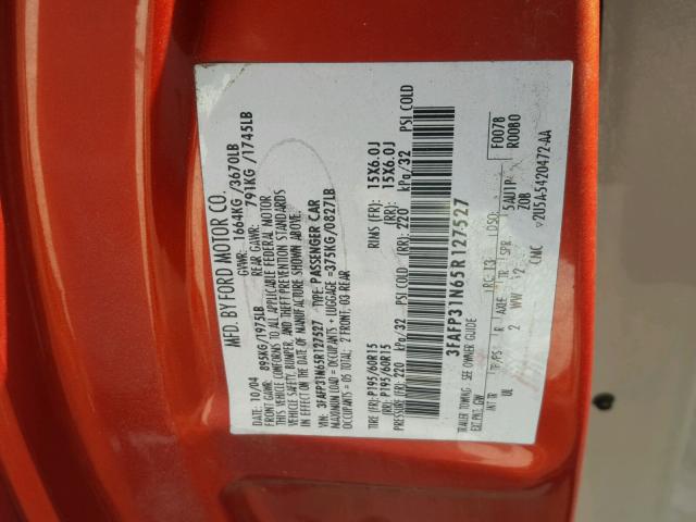 3FAFP31N65R127527 - 2005 FORD FOCUS ZX3 ORANGE photo 10