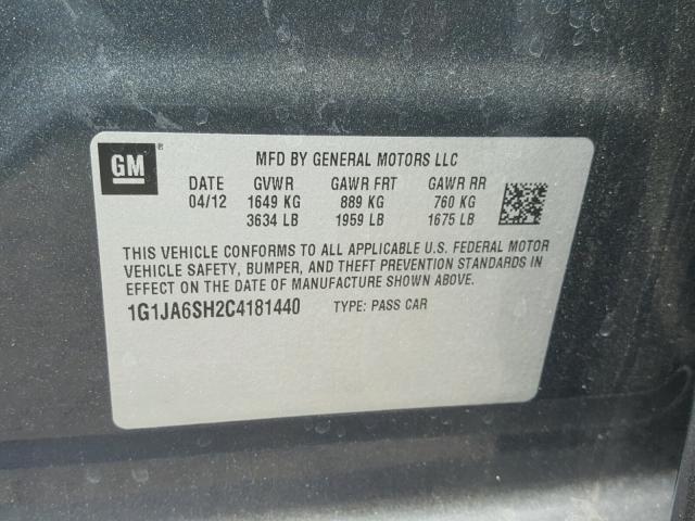 1G1JA6SH2C4181440 - 2012 CHEVROLET SONIC LS GRAY photo 10