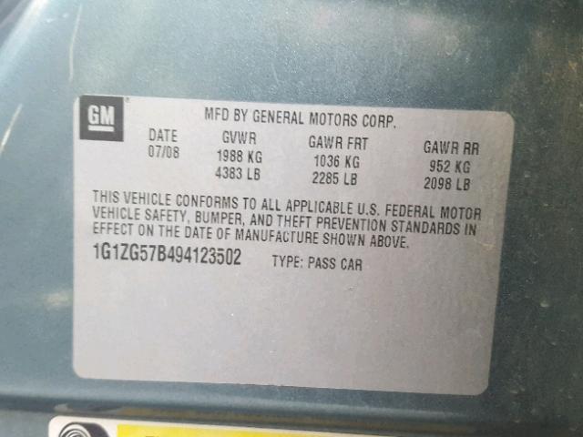 1G1ZG57B494123502 - 2009 CHEVROLET MALIBU LS ტალღისფერი ფოტო 10