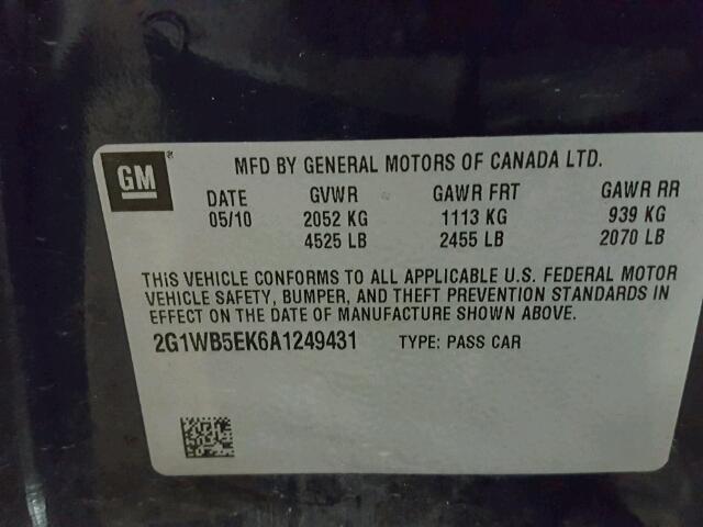 2G1WB5EK6A1249431 - 2010 CHEVROLET IMPALA LT BLACK photo 10