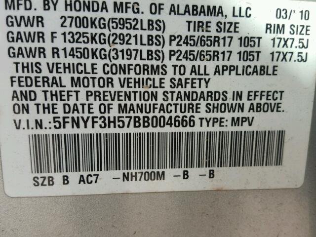 5FNYF3H57BB004666 - 2011 HONDA PILOT SILVER photo 10